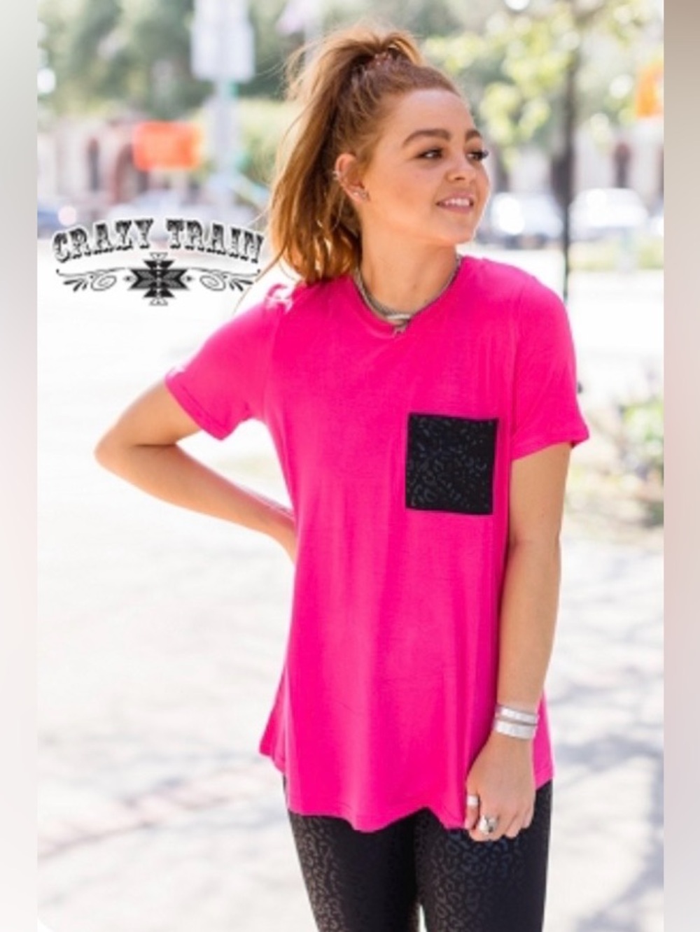 NWT! Bright Pink Tee with Contrasting Black Pocket 🌸